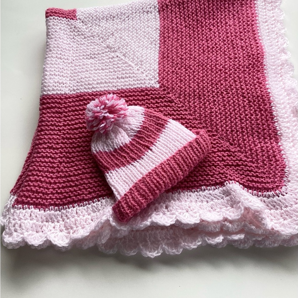 Blanket Baby Hand Crafted Pink Rose Colorblock Stripes Knitted